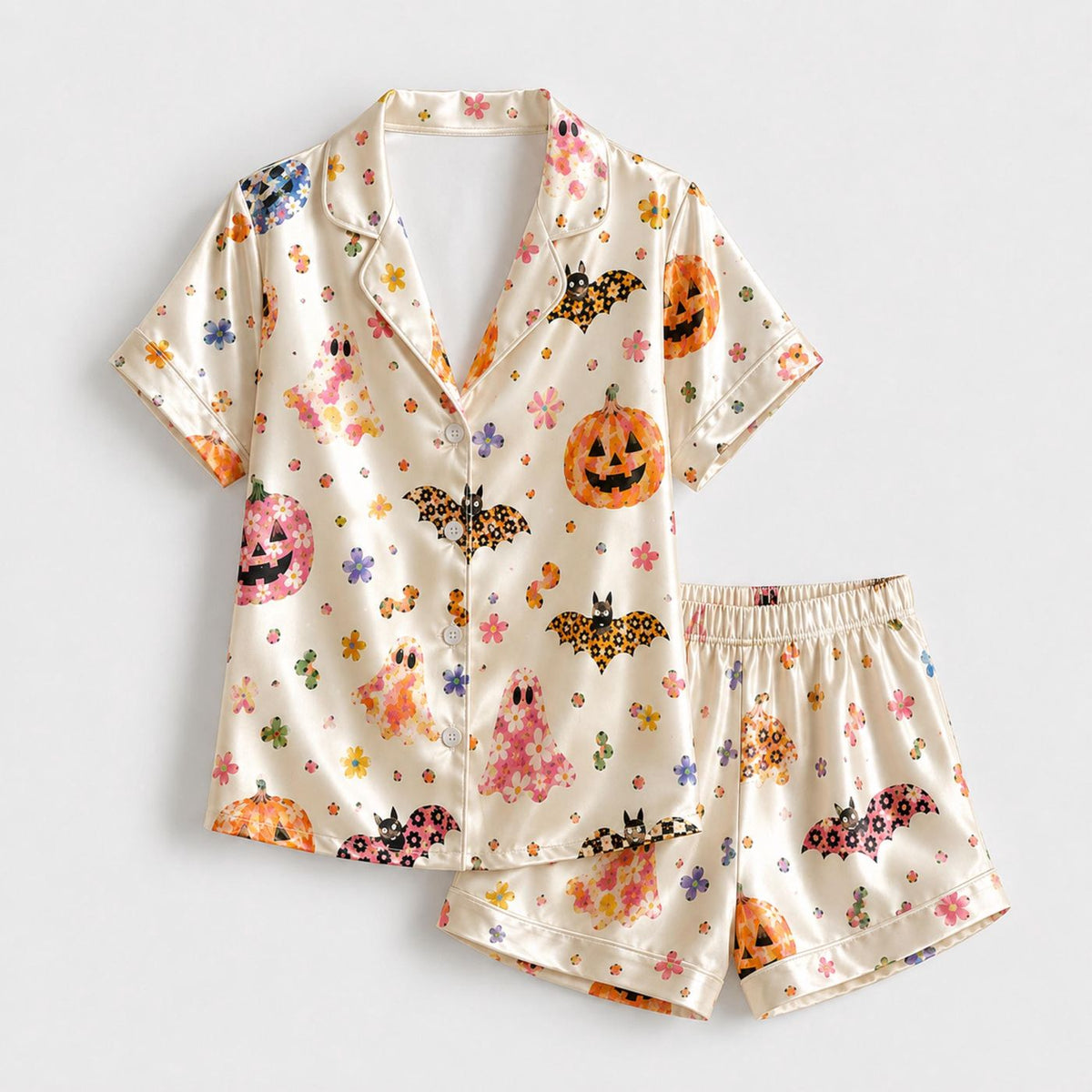 Spooky Season Satin Pajama Set: Cozy Halloween Loungewear & Autumn Gift