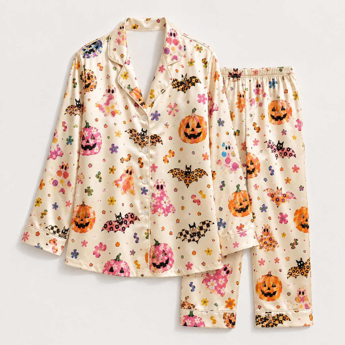 Spooky Season Satin Pajama Set: Cozy Halloween Loungewear & Autumn Gift