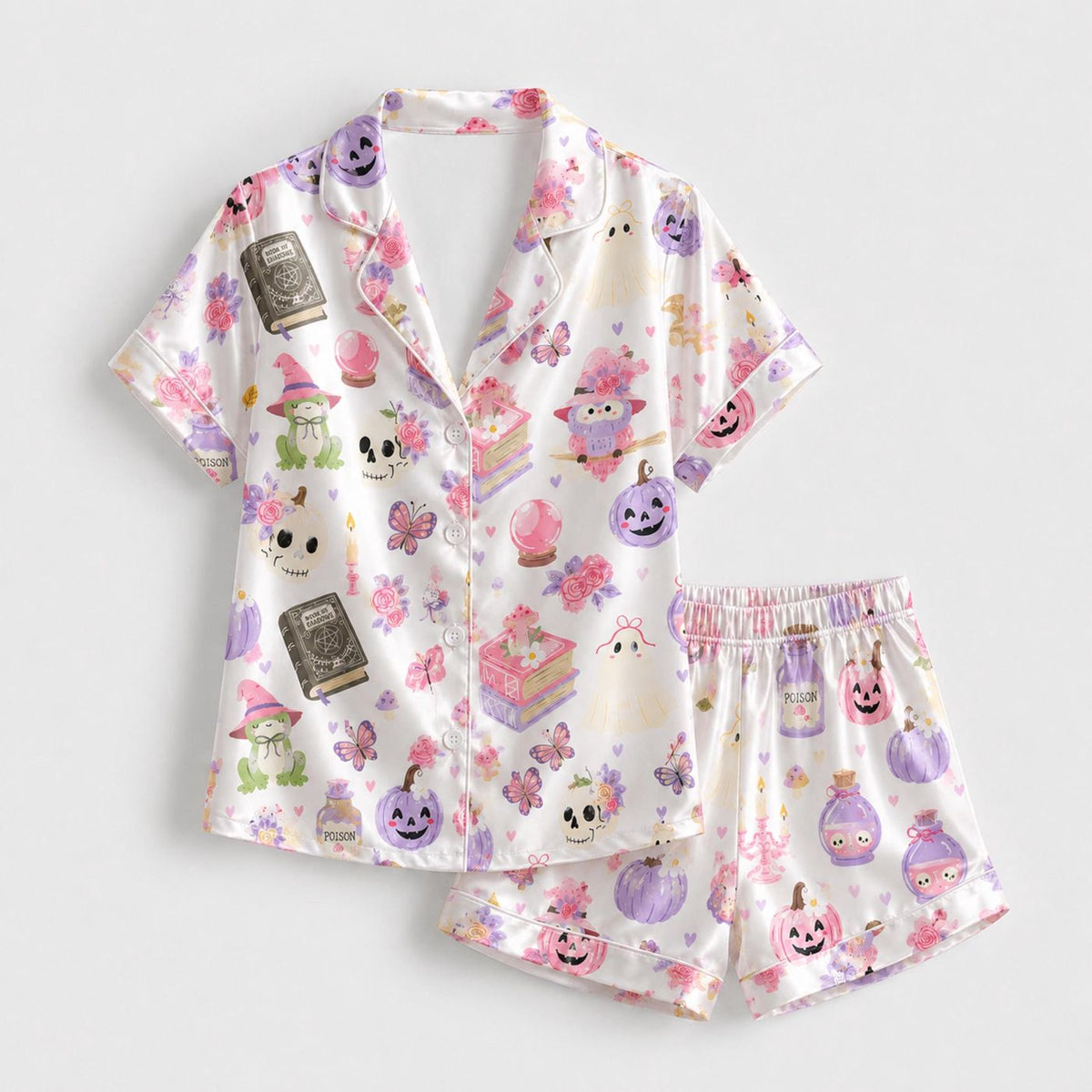 Spooky Season Satin Pajamas: Halloween Theme Sleepwear Set for Cozy Fall Lounge