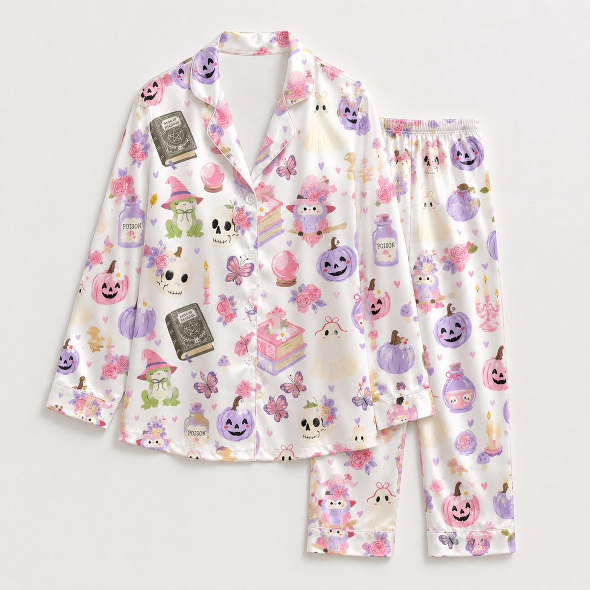 Spooky Season Satin Pajamas: Halloween Theme Sleepwear Set for Cozy Fall Lounge