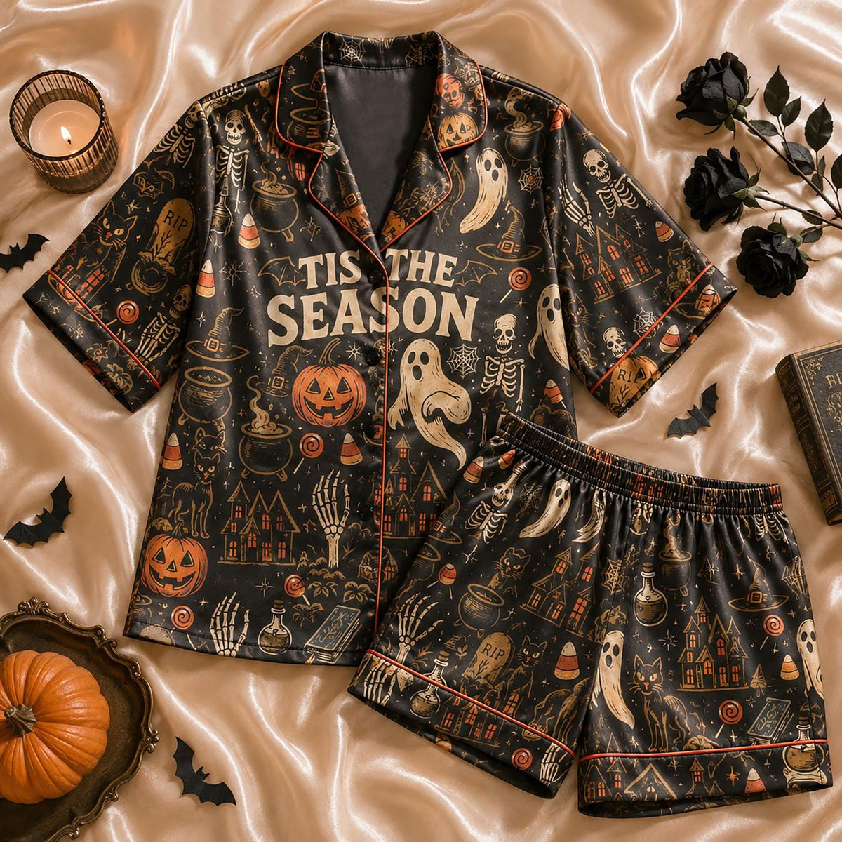 Halloween Satin PJ Set with Black Cat & Ghost Gothic Witchy Sleepwear Gift for Her