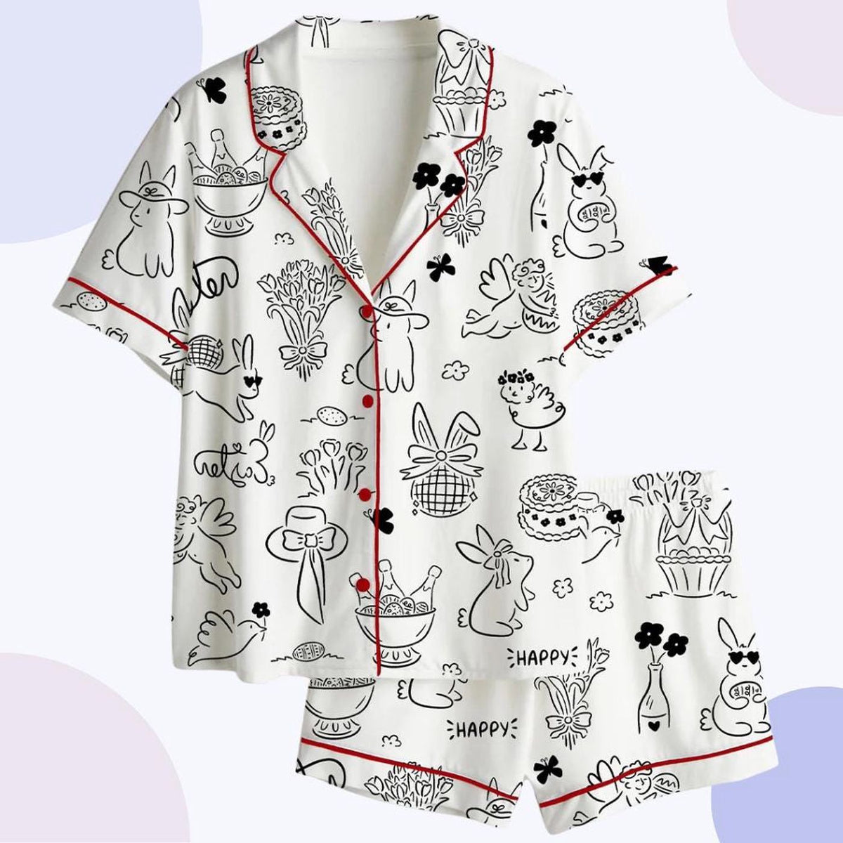 Hand-Drawn Bunny Pajama Set: Short Sleeve Sleepwear with Artistic Doodles for Comfortable Lounging