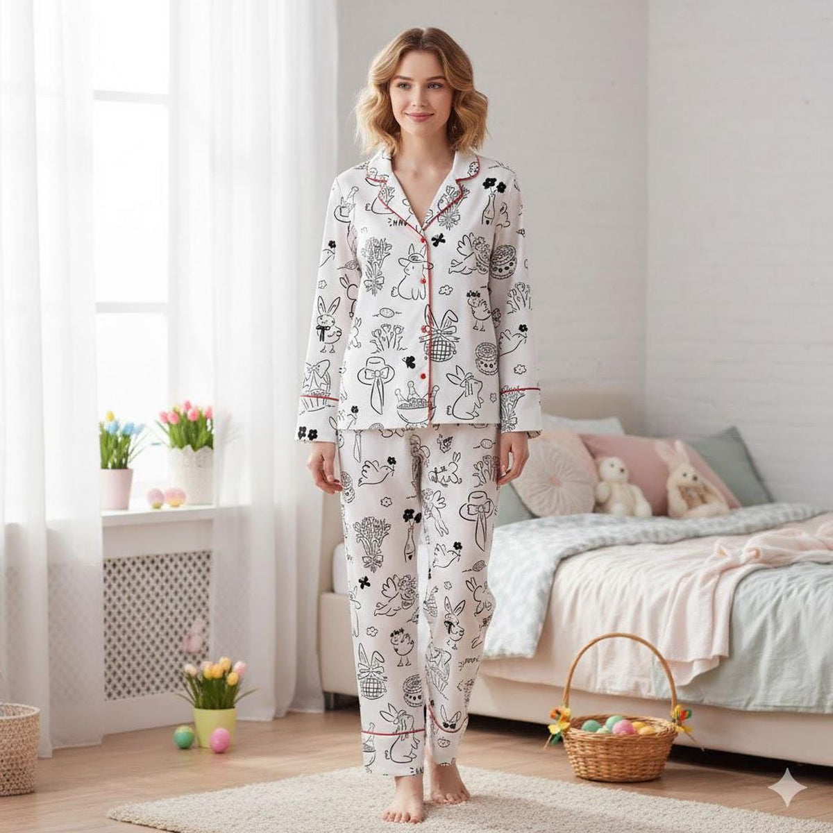 Hand-Drawn Bunny Pajama Set: Short Sleeve Sleepwear with Artistic Doodles for Comfortable Lounging