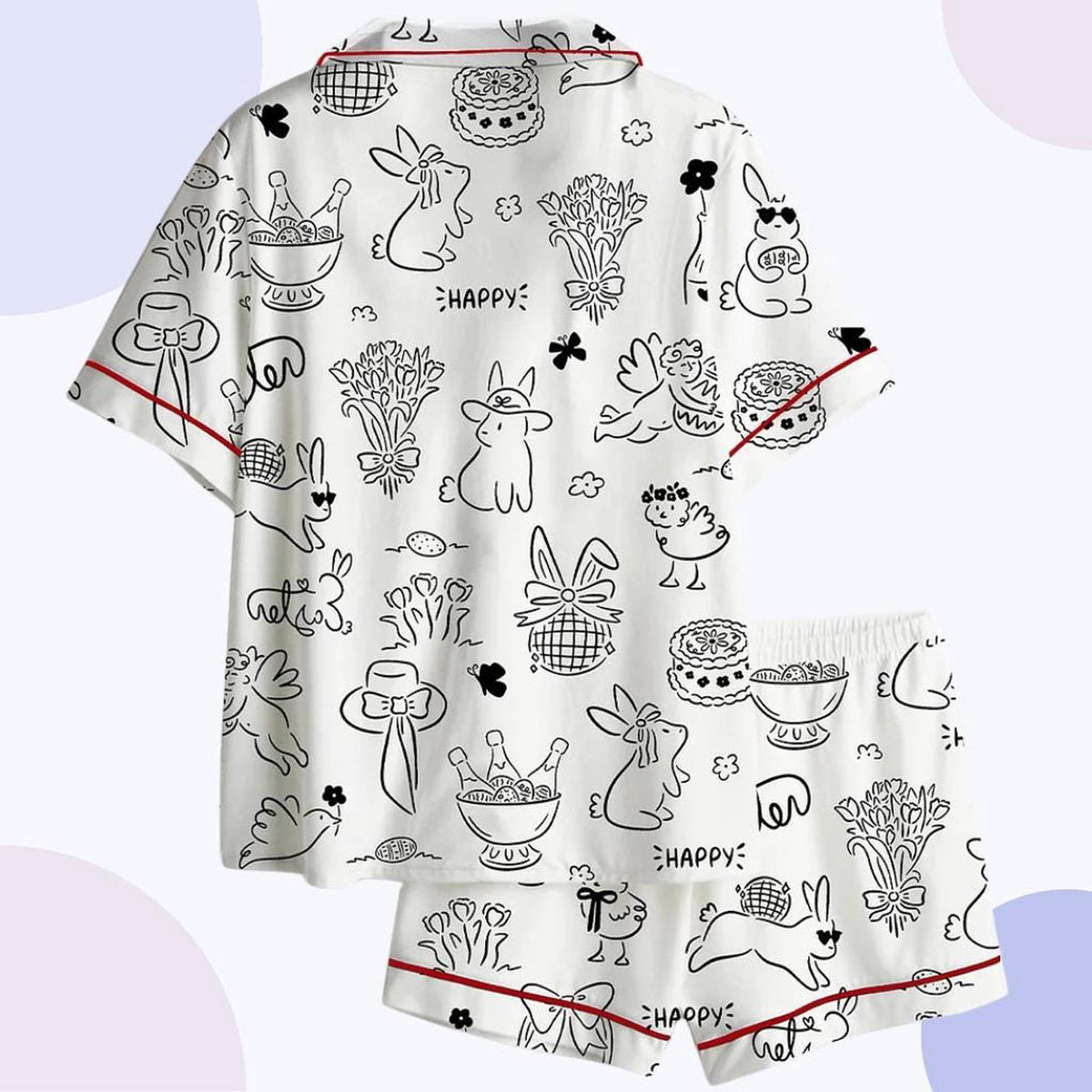 Hand-Drawn Bunny Pajama Set: Short Sleeve Sleepwear with Artistic Doodles for Comfortable Lounging