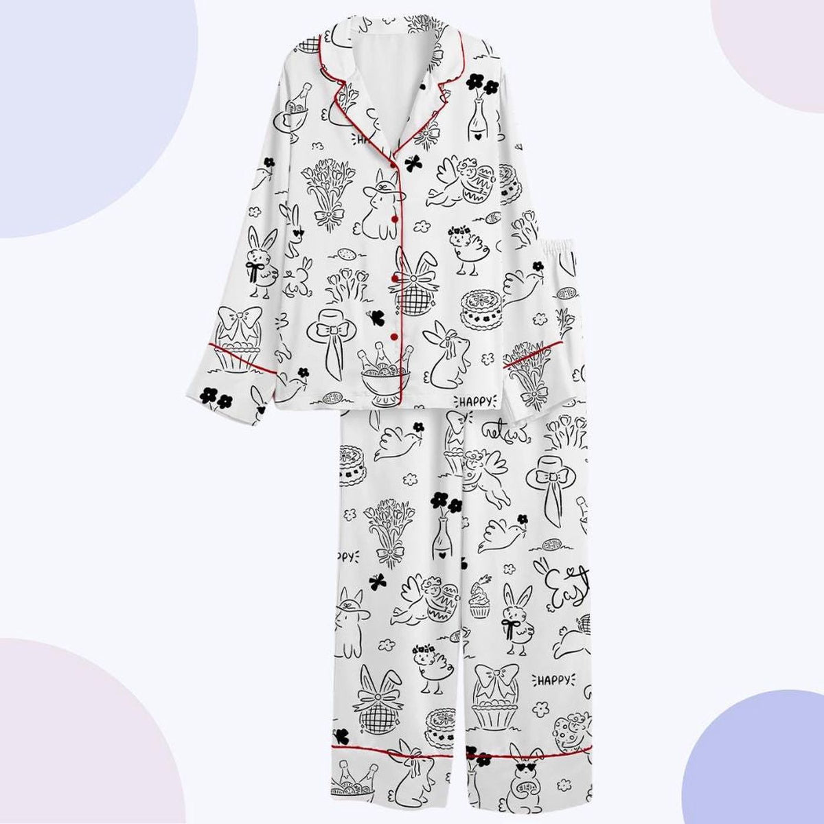Hand-Drawn Bunny Pajama Set: Short Sleeve Sleepwear with Artistic Doodles for Comfortable Lounging