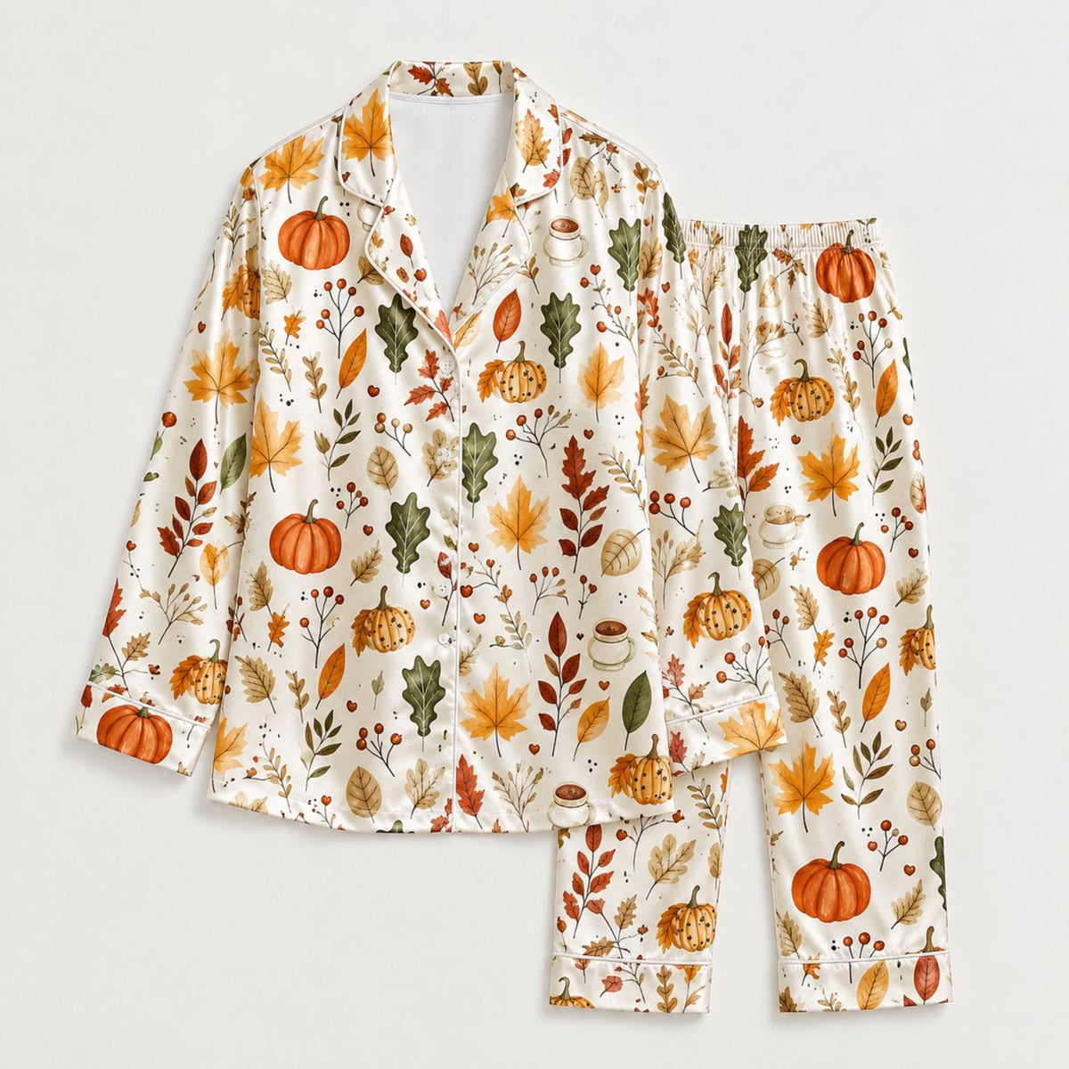 Autumn Leaves Botanical Print Satin Pajama Set: Harvest Pumpkin Sleepwear