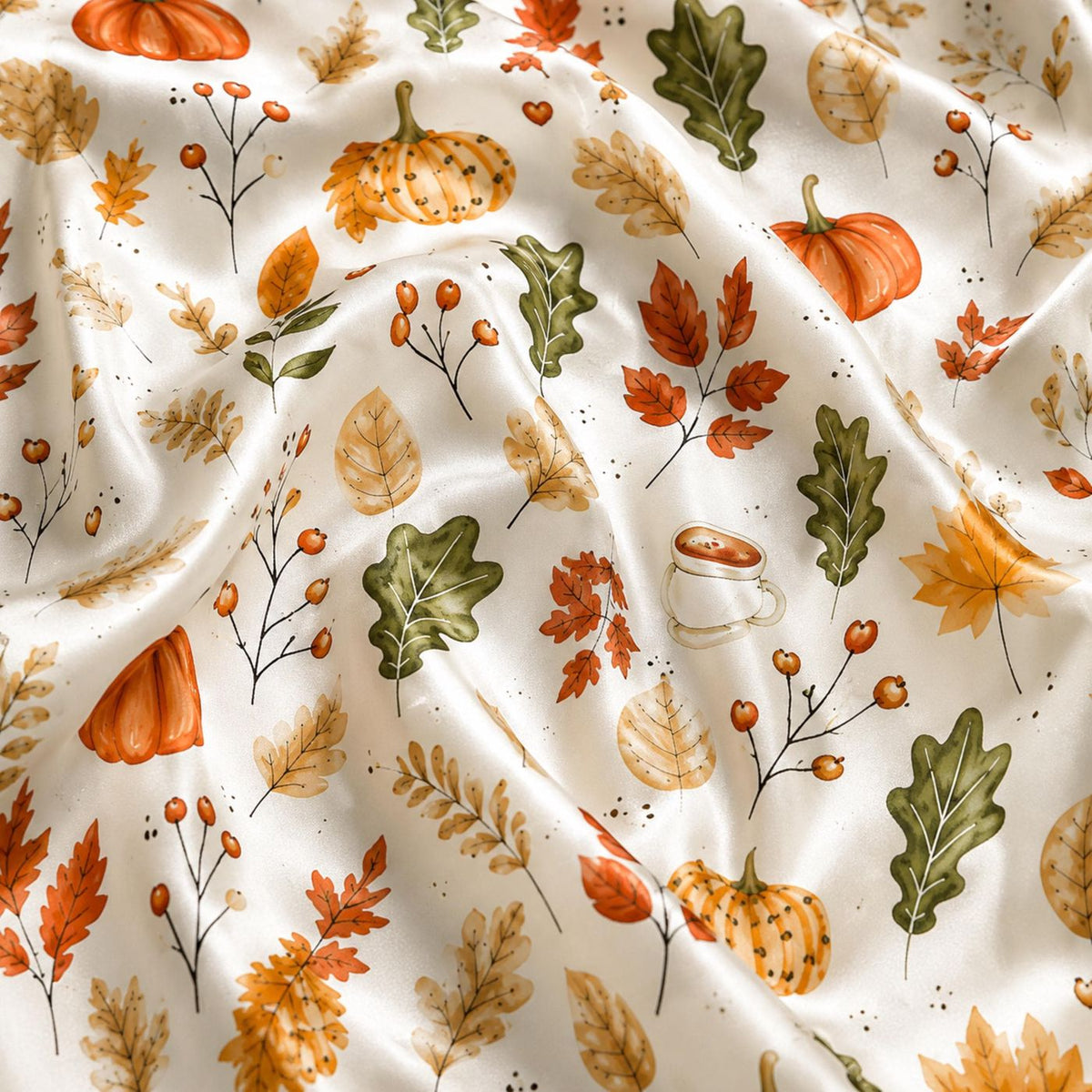 Autumn Leaves Botanical Print Satin Pajama Set: Harvest Pumpkin Sleepwear