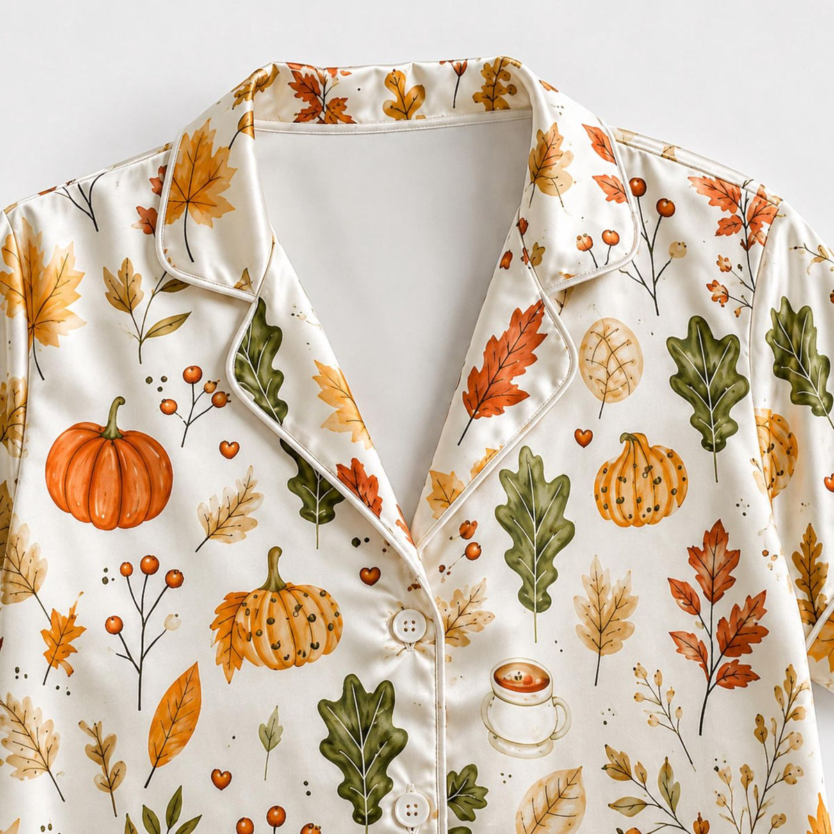Autumn Leaves Botanical Print Satin Pajama Set: Harvest Pumpkin Sleepwear