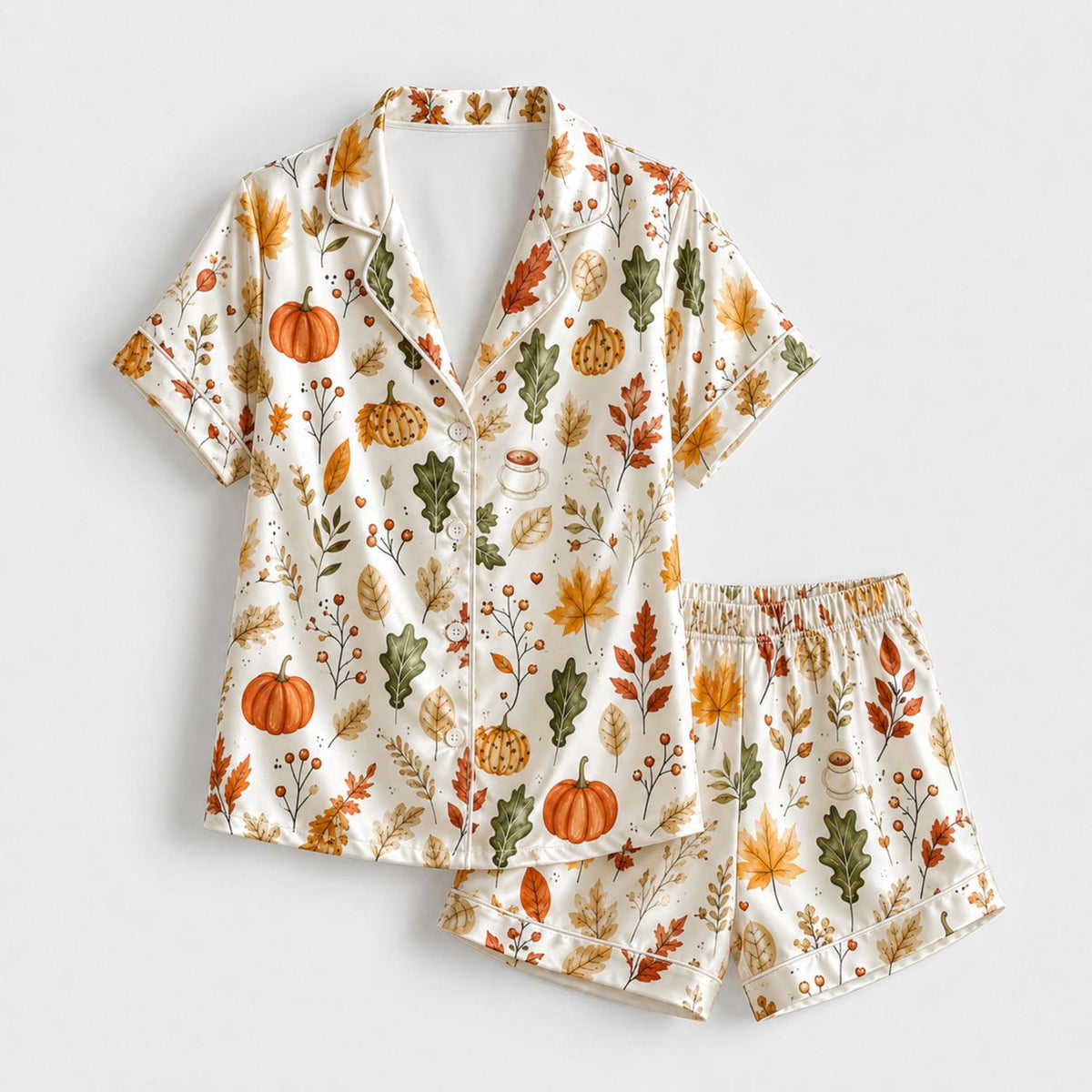 Harvest Pumpkin Satin Pajama Set with Autumn Leaves Botanical Print Sleepwear