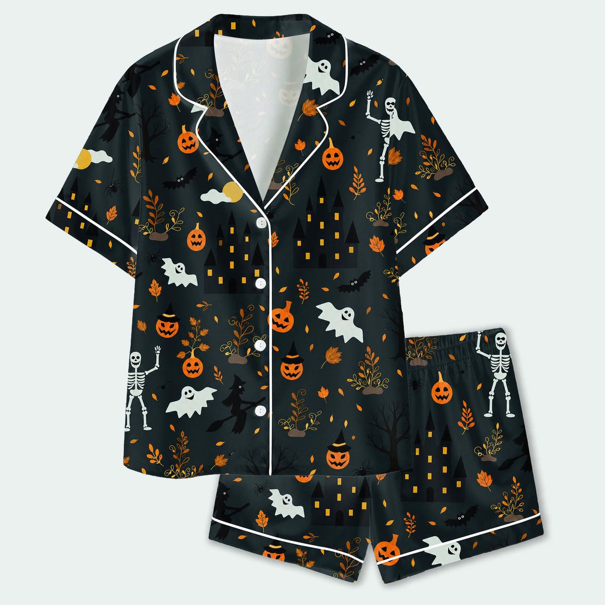 Festive Autumn Halloween Satin Pajama Set - Haunted Harvest Pattern