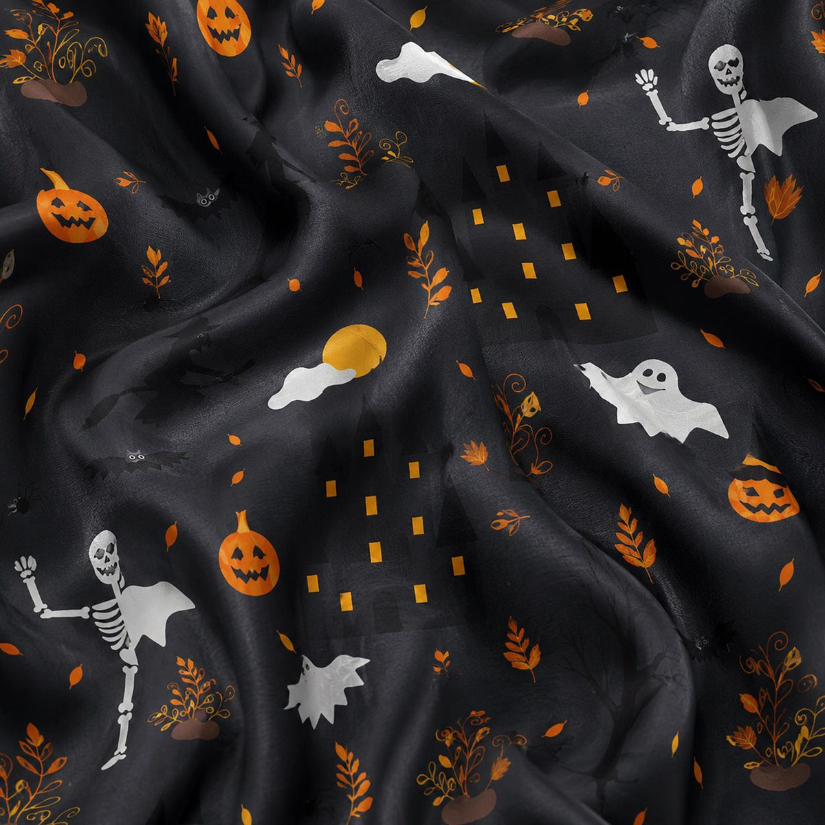 Festive Autumn Halloween Satin Pajama Set - Haunted Harvest Pattern