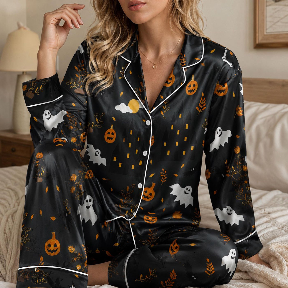 Festive Autumn Halloween Satin Pajama Set - Haunted Harvest Pattern