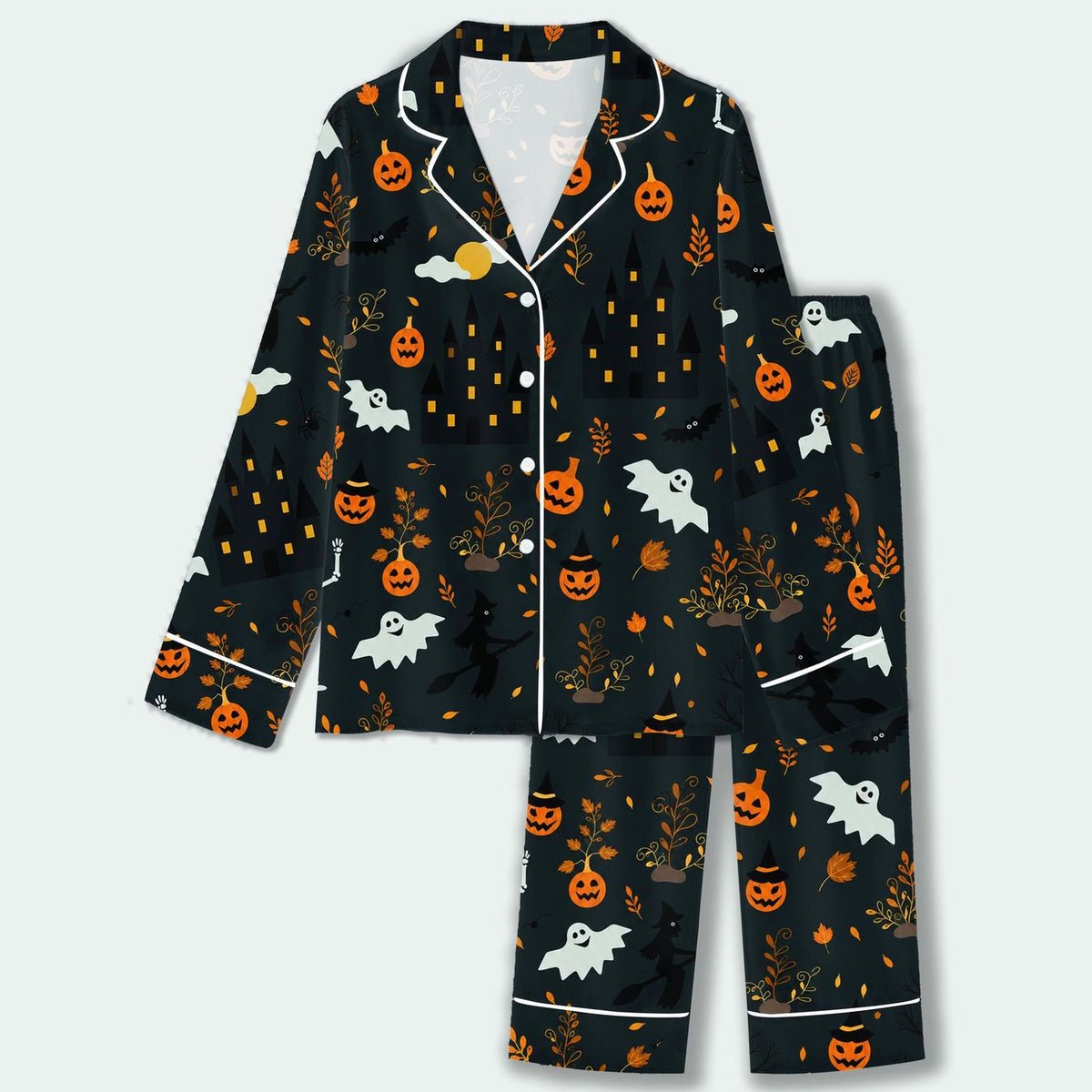 Festive Autumn Halloween Satin Pajama Set - Haunted Harvest Pattern
