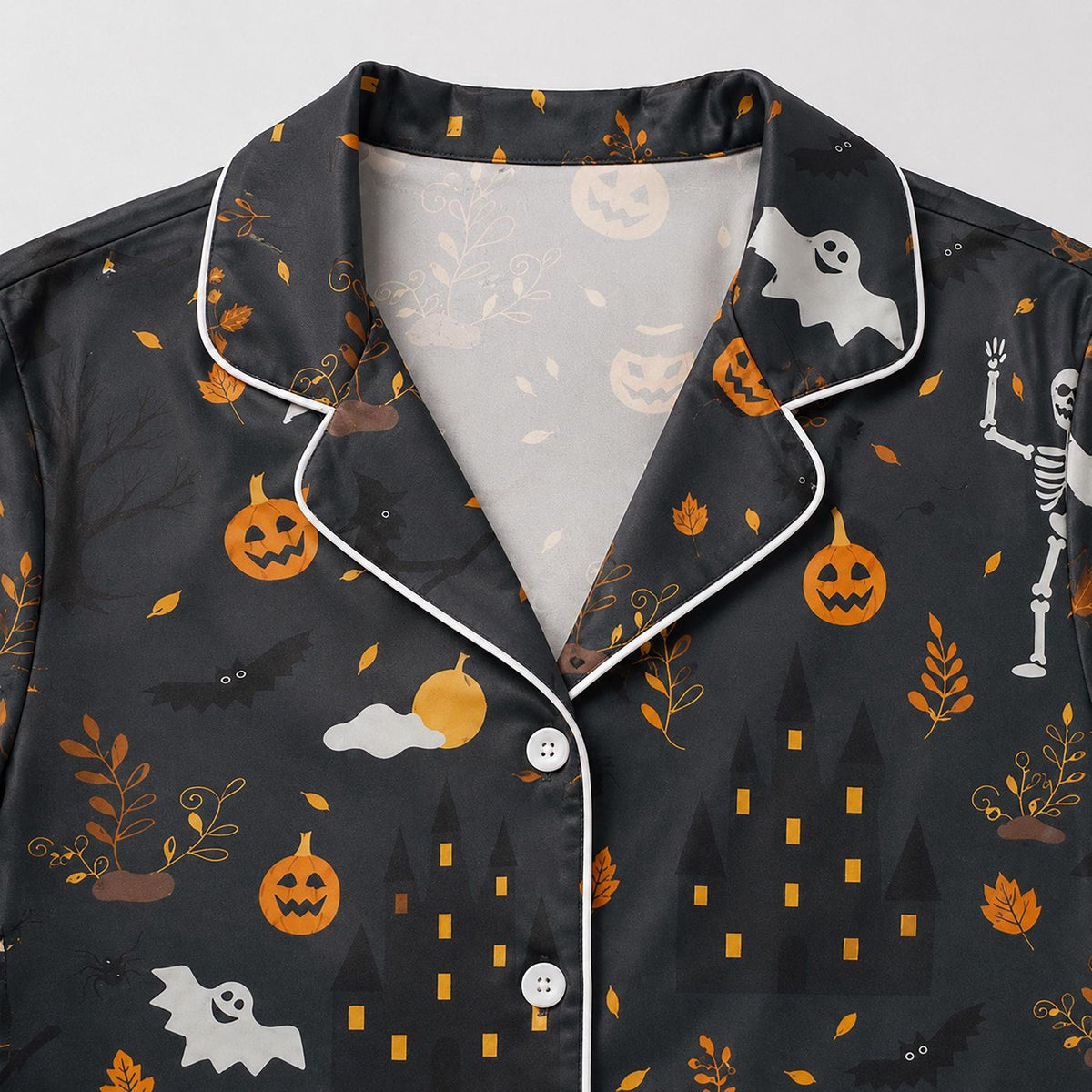 Festive Autumn Halloween Satin Pajama Set - Haunted Harvest Pattern