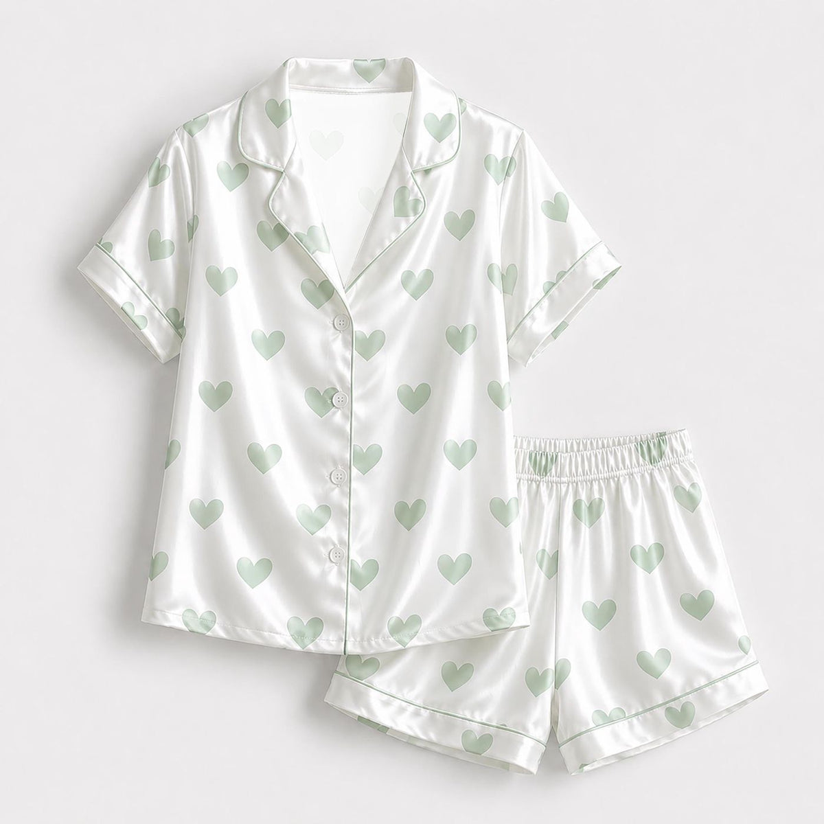 Valentine s Day White Multicolor Mint Green Heart Satin Pajama Set - Loungewear Collection