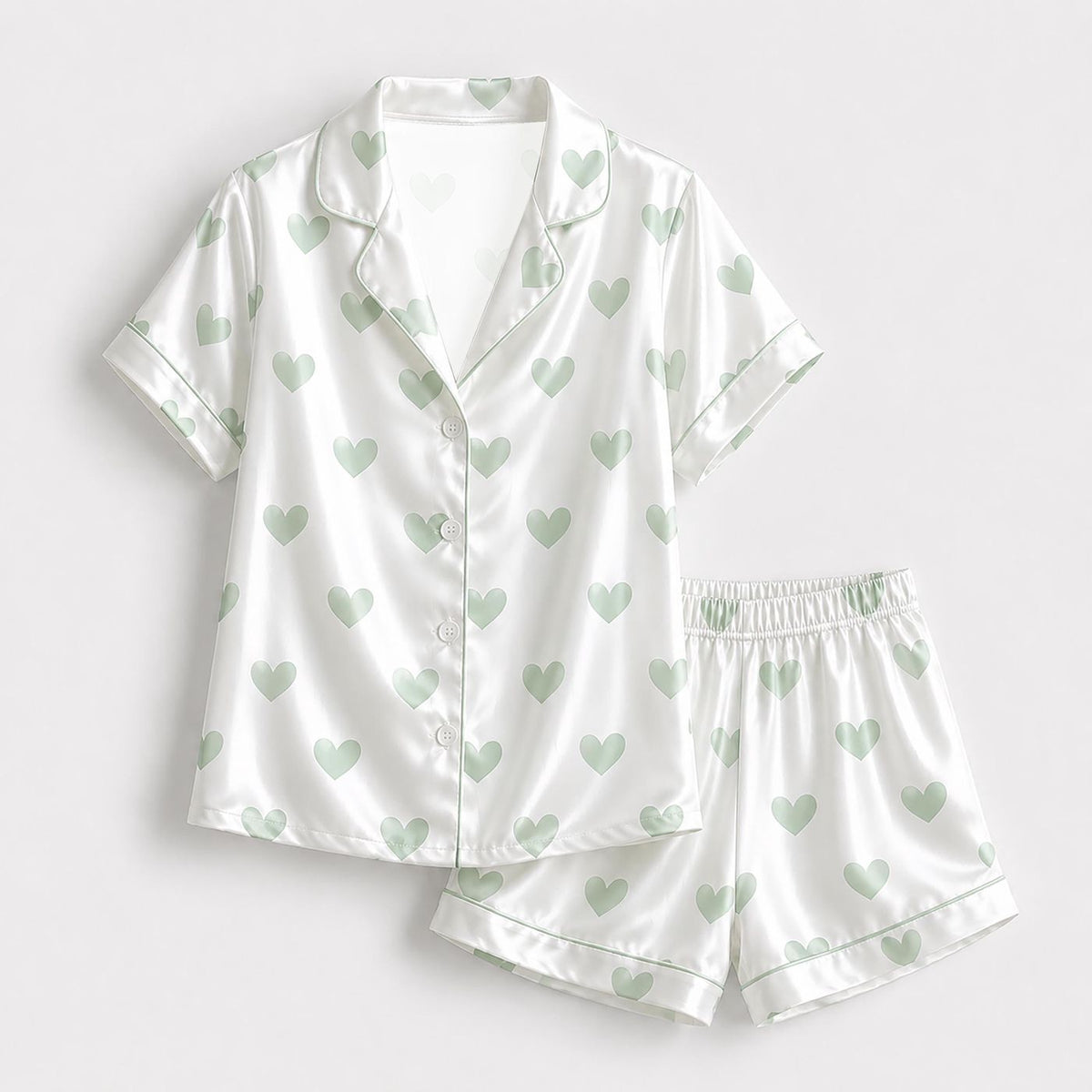 White Multicolor Mint Green Heart Graphic Satin Pajama Set: Valentine Loungewear Collection