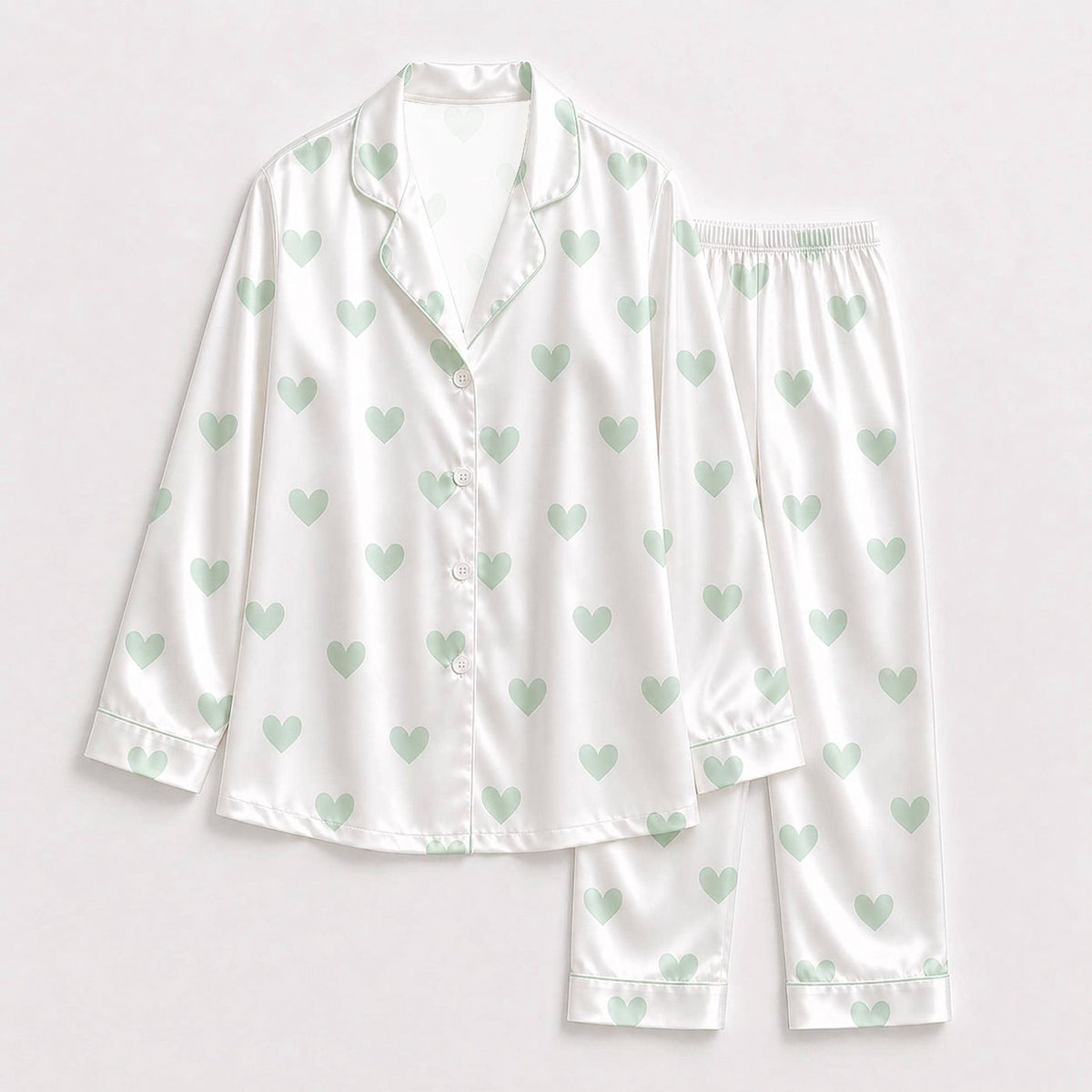 White Multicolor Mint Green Heart Graphic Satin Pajama Set: Valentine Loungewear Collection