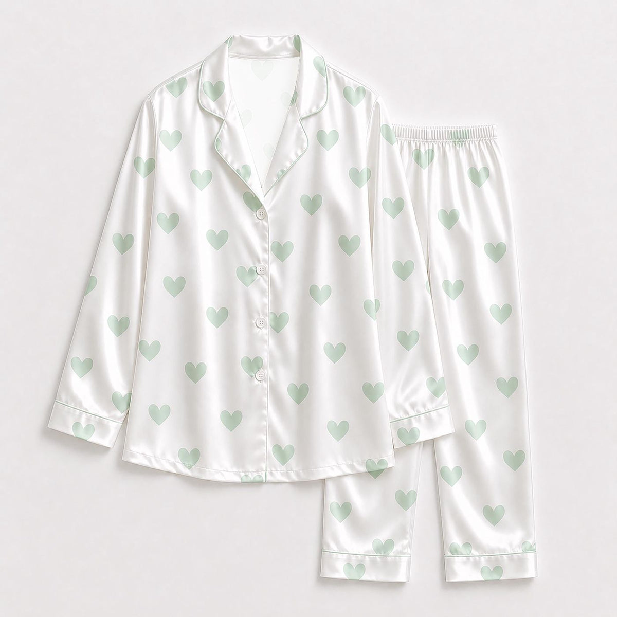 Valentine s Day White Multicolor Mint Green Heart Satin Pajama Set - Loungewear Collection