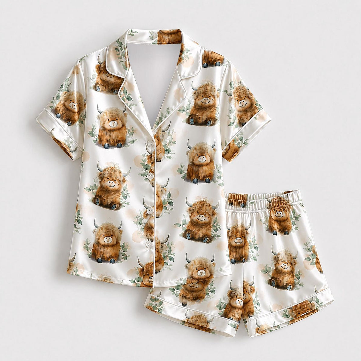 Cute Highland Cow Satin Pajama Set with Floral Pattern for Cozy Sleepwear