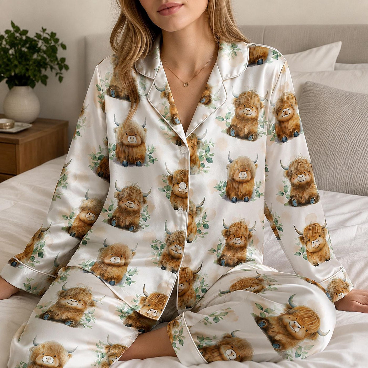Cute Highland Cow Satin Pajama Set with Floral Pattern for Cozy Sleepwear