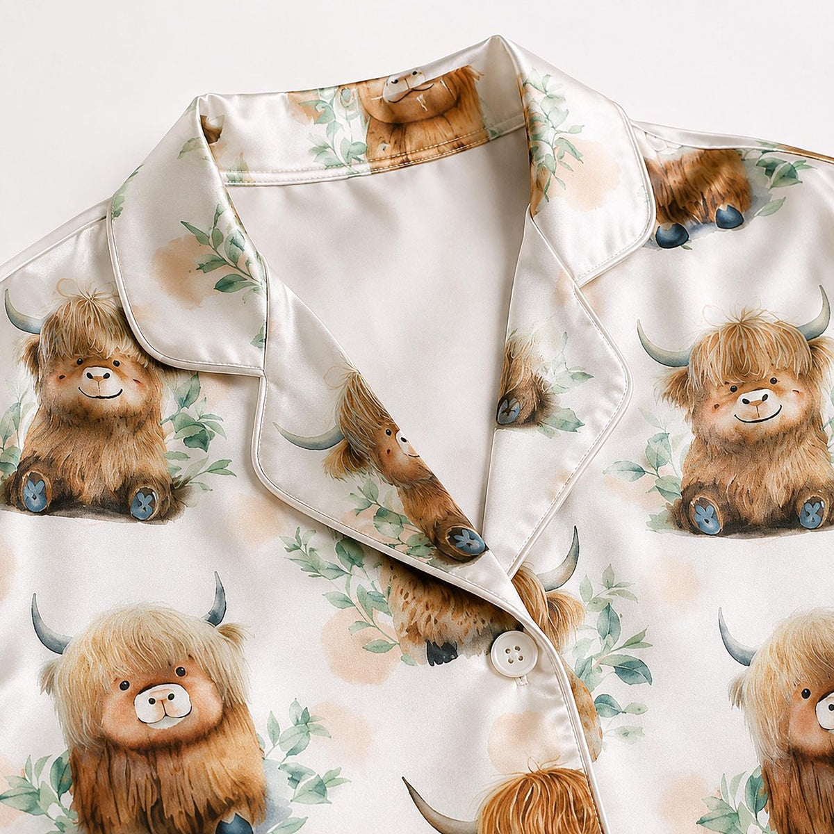 Highland Cow Satin Pajama Set Cute Fluffy Cattle & Floral Pattern Sleepwear