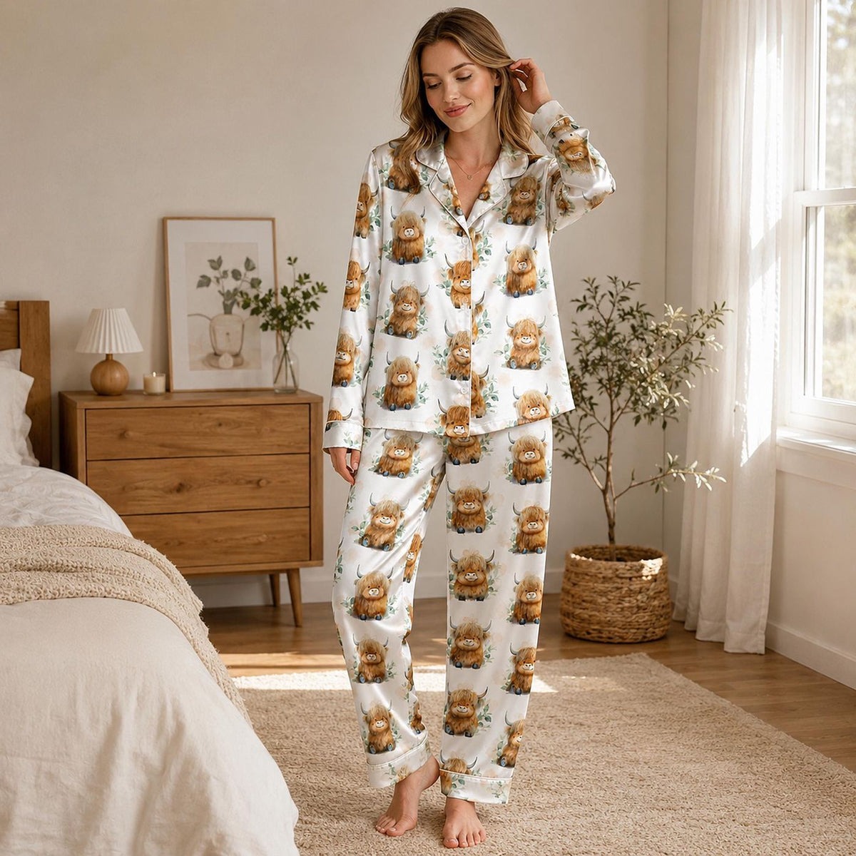 Highland Cow Satin Pajama Set Cute Fluffy Cattle & Floral Pattern Sleepwear