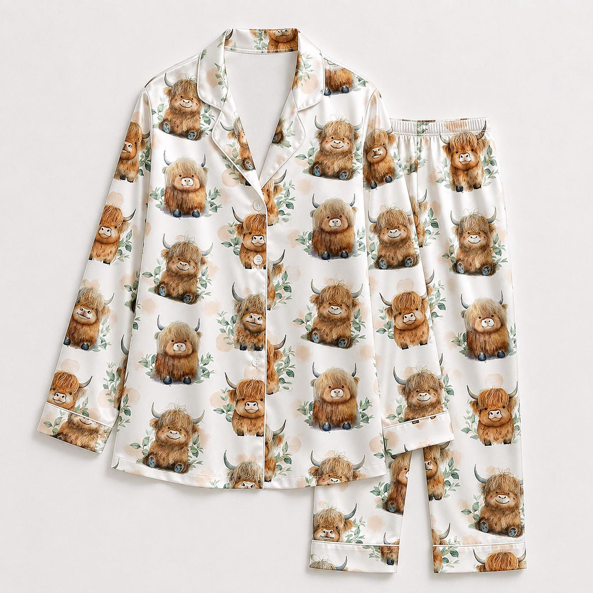 Highland Cow Satin Pajama Set Cute Fluffy Cattle & Floral Pattern Sleepwear