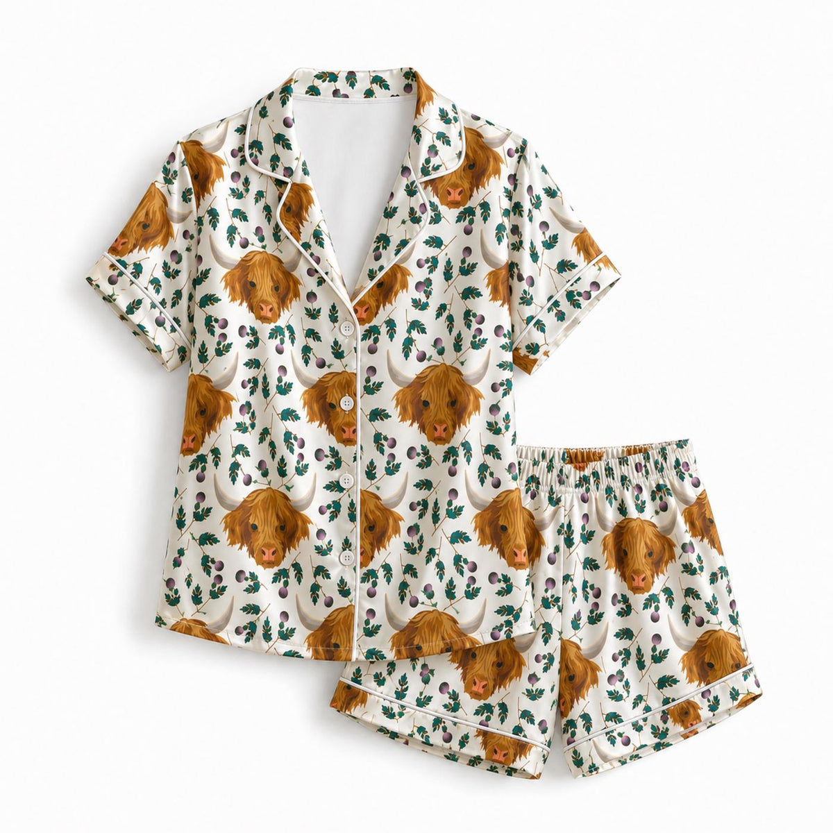 Highland Cow Satin Pajama Set with Green Botanical Leaves - Cozy Farm Animal Sleepwear