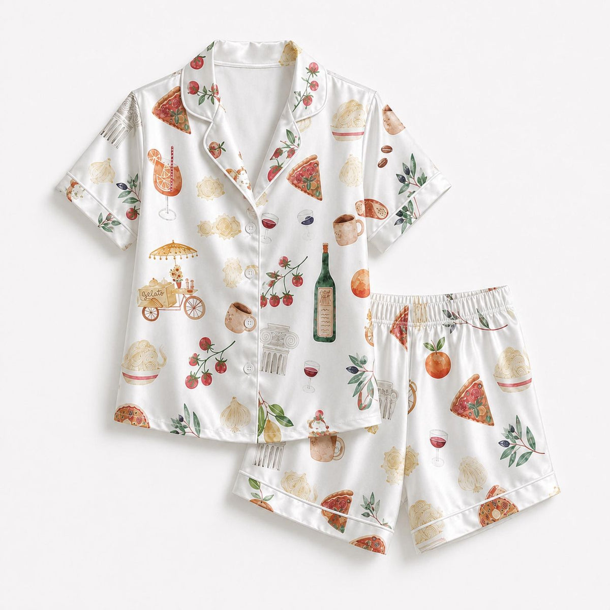 Italian Food Satin Pajama Set Pizza Pasta Wine Pattern Cozy Sleepwear
