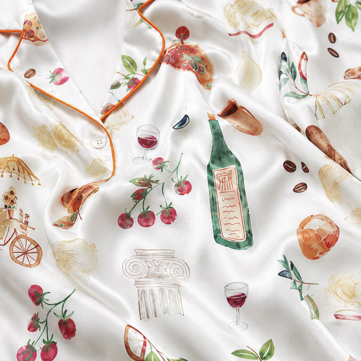 Italian Food Satin Pajama Set Pizza Pasta Wine Pattern Cozy Sleepwear