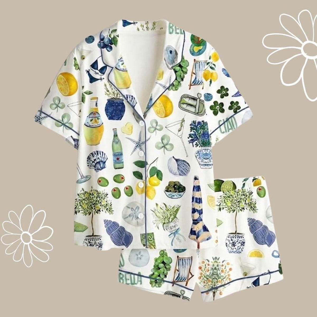 Italian Summer Satin Pajama Set, Lemon Olive Print Loungewear, Italy Summer Gift for Women