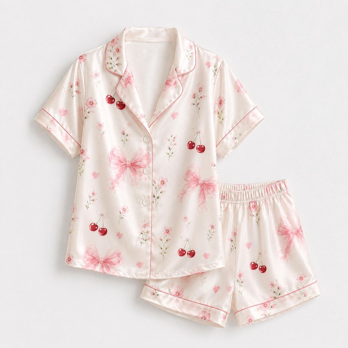 Chic Ivory Satin Coquette Pajamas with Cherry and Pink Ribbon Floral Design - Stylish Sleepwear for Women