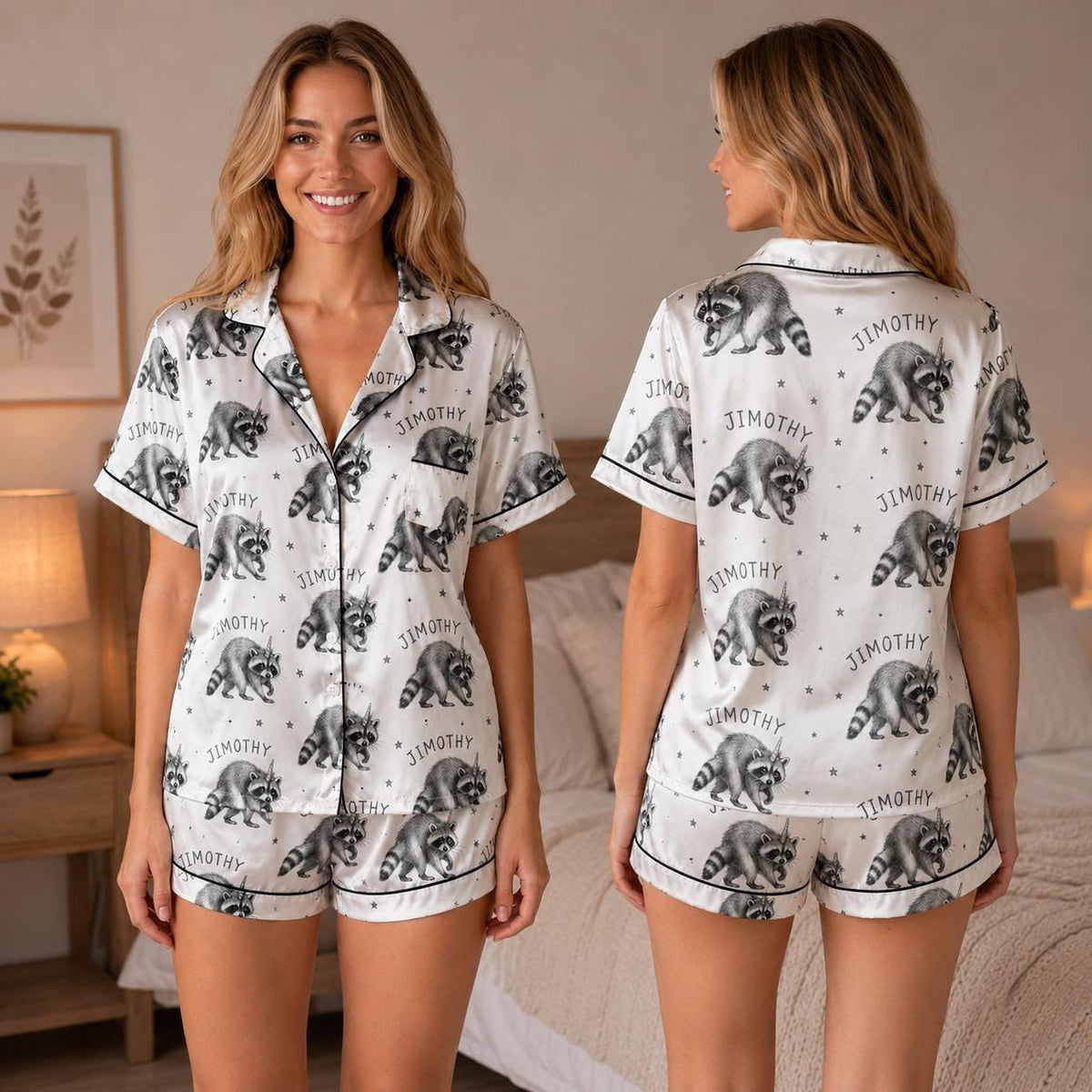 Jimothy Raccoon Pajama Set, Funny Raccoon Meme Satin Sleepwear, Women’s Short Pajamas, Animal Lover Gift