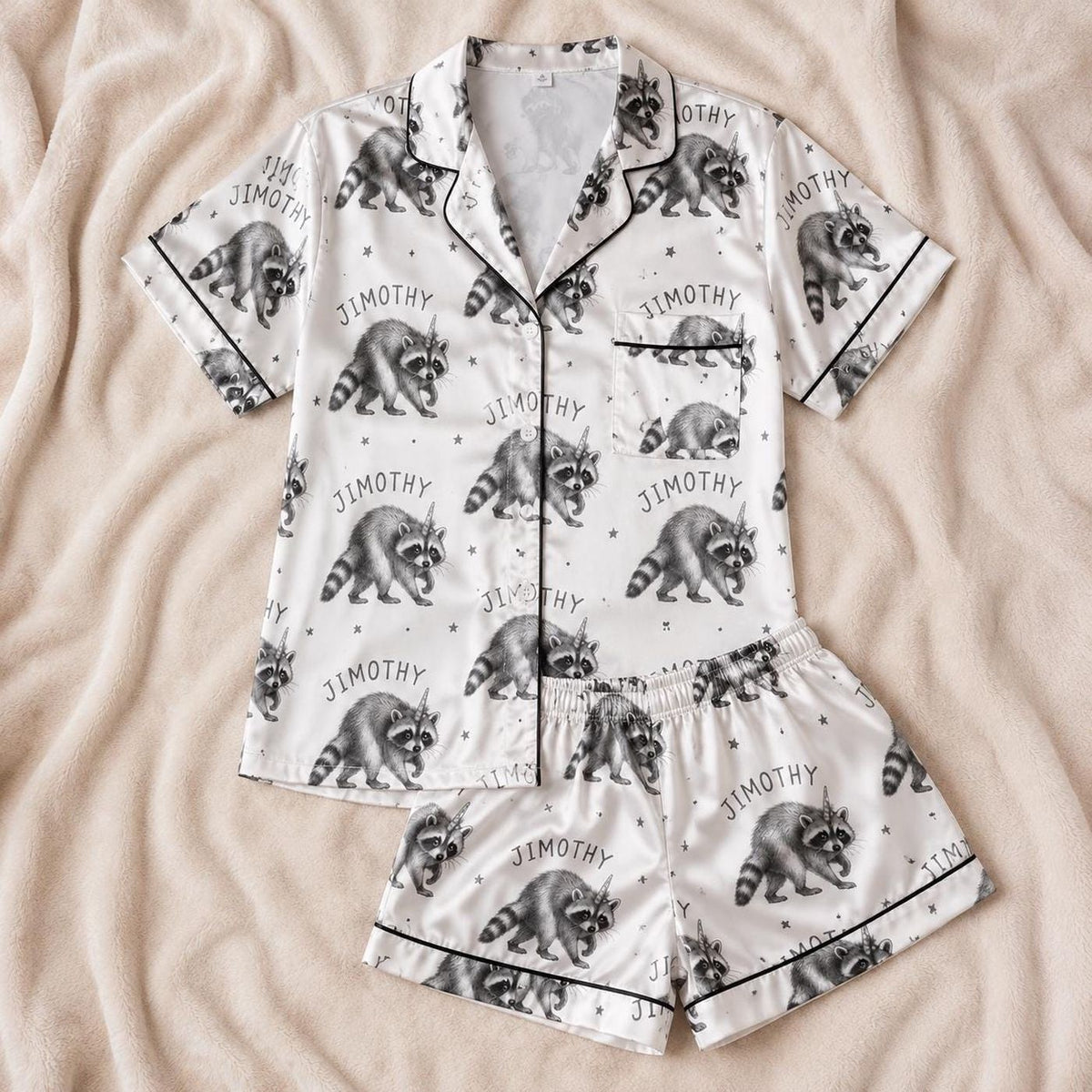 Jimothy Raccoon Pajama Set, Funny Raccoon Meme Satin Sleepwear, Women’s Short Pajamas, Animal Lover Gift