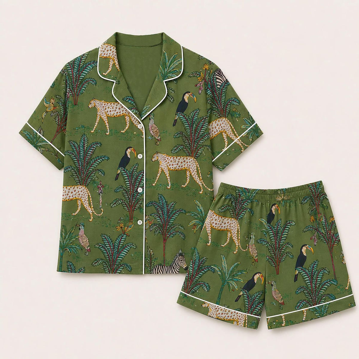 Handmade Indian Leopard Print Green Jungle Pajama Set - Summer Gift for Her