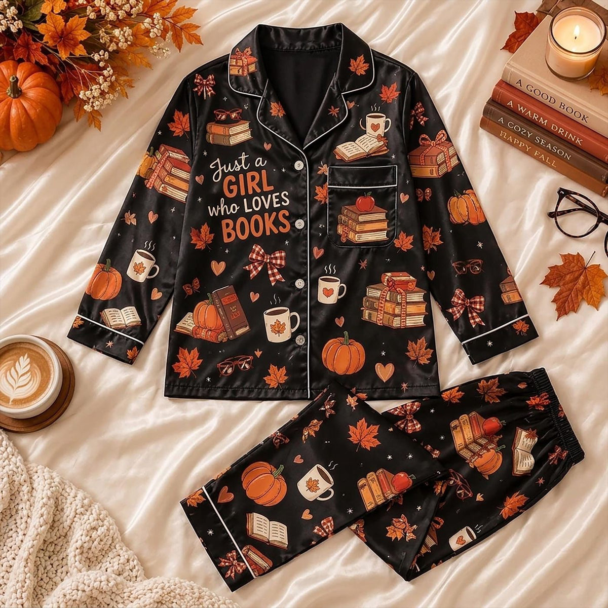 Autumn Pumpkin Reading Pajamas for Book Lovers - Cozy Fall Lounge PJ Sets
