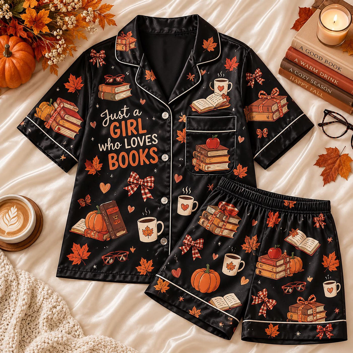 Autumn Pumpkin Reading Pajamas: Cozy Fall Bookworm Satin Lounge PJ Sets for Girls Who Love Books