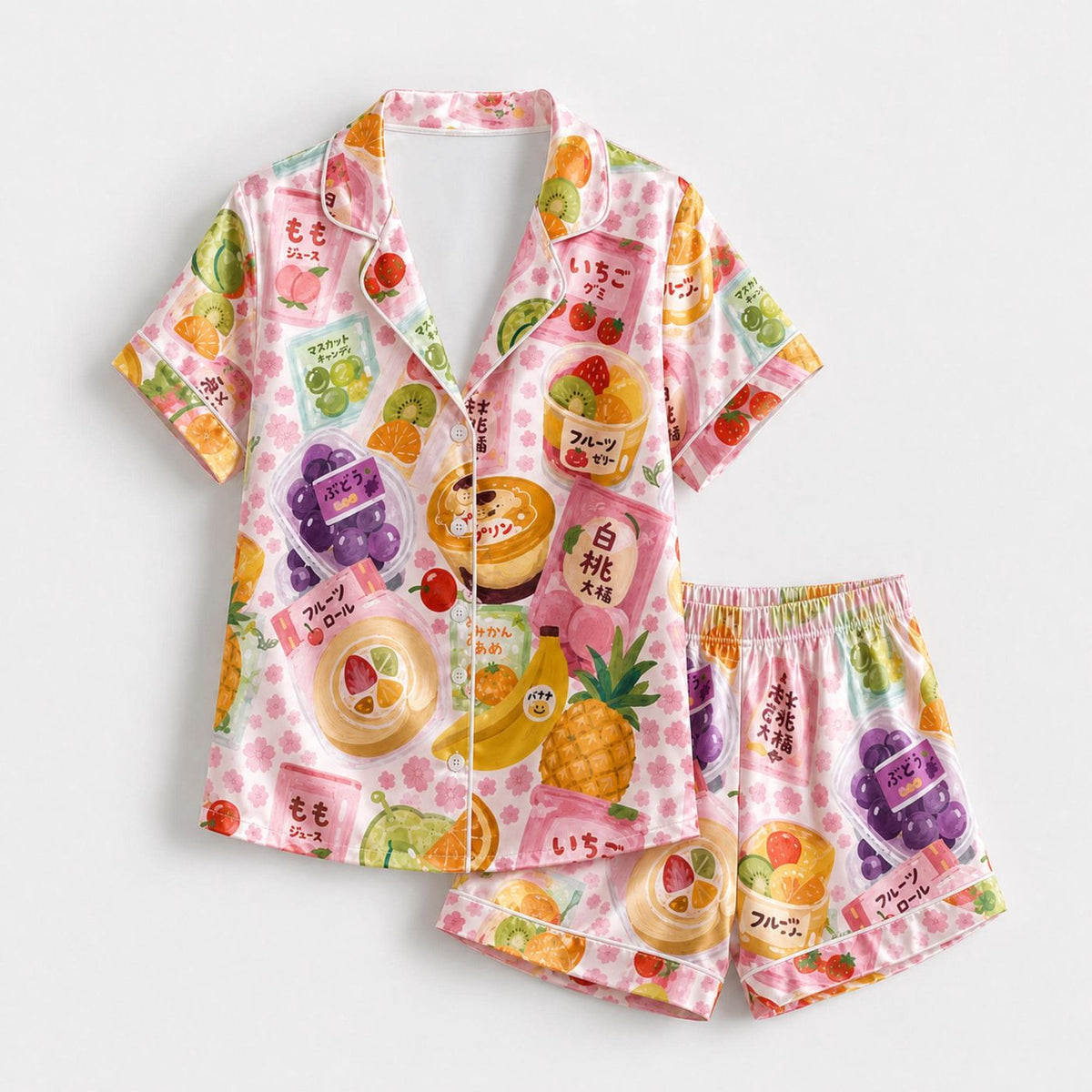 Kawaii Fruit Satin Pajama Set with Japanese Citrus & Tropical Patterns for Cozy Sleepwear