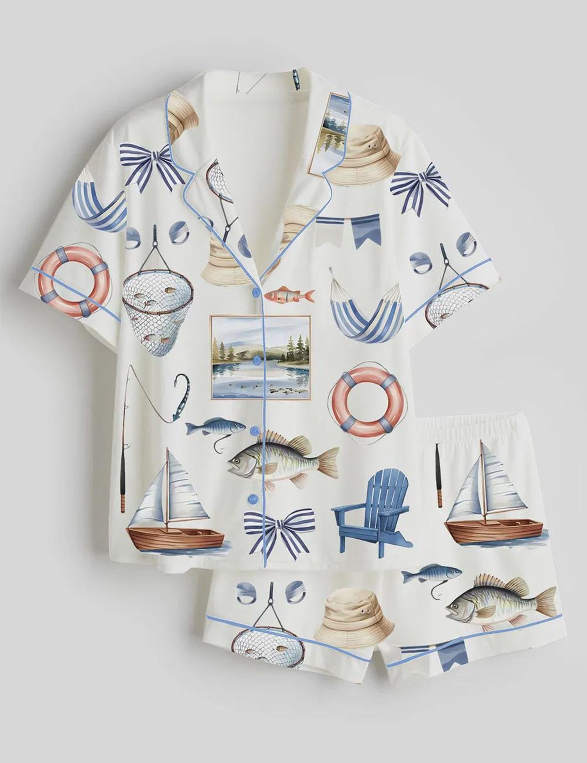 Coastal Vacation Satin Pajamas: Lake Life Fishing Theme Sleepwear Set for Women