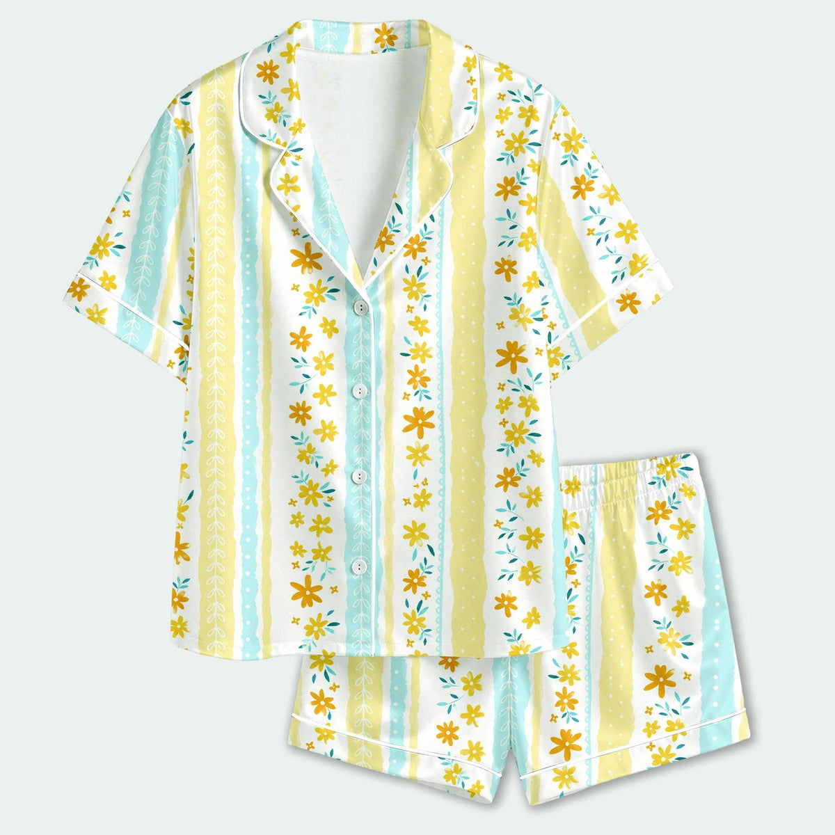 Summer Floral Stripe Satin Pajamas: Light Blue Yellow Sleepwear