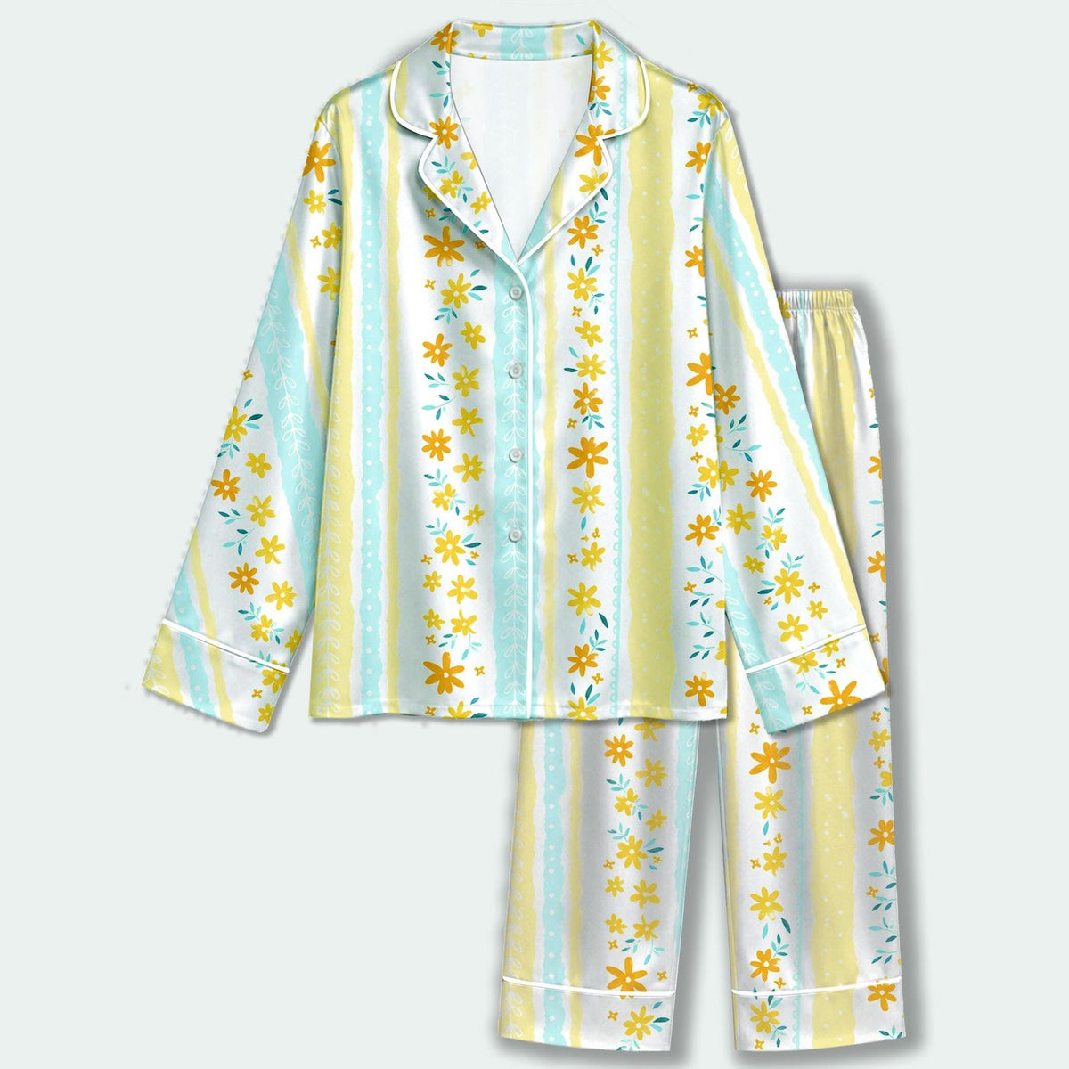 Summer Floral Stripe Satin Pajamas: Light Blue Yellow Sleepwear