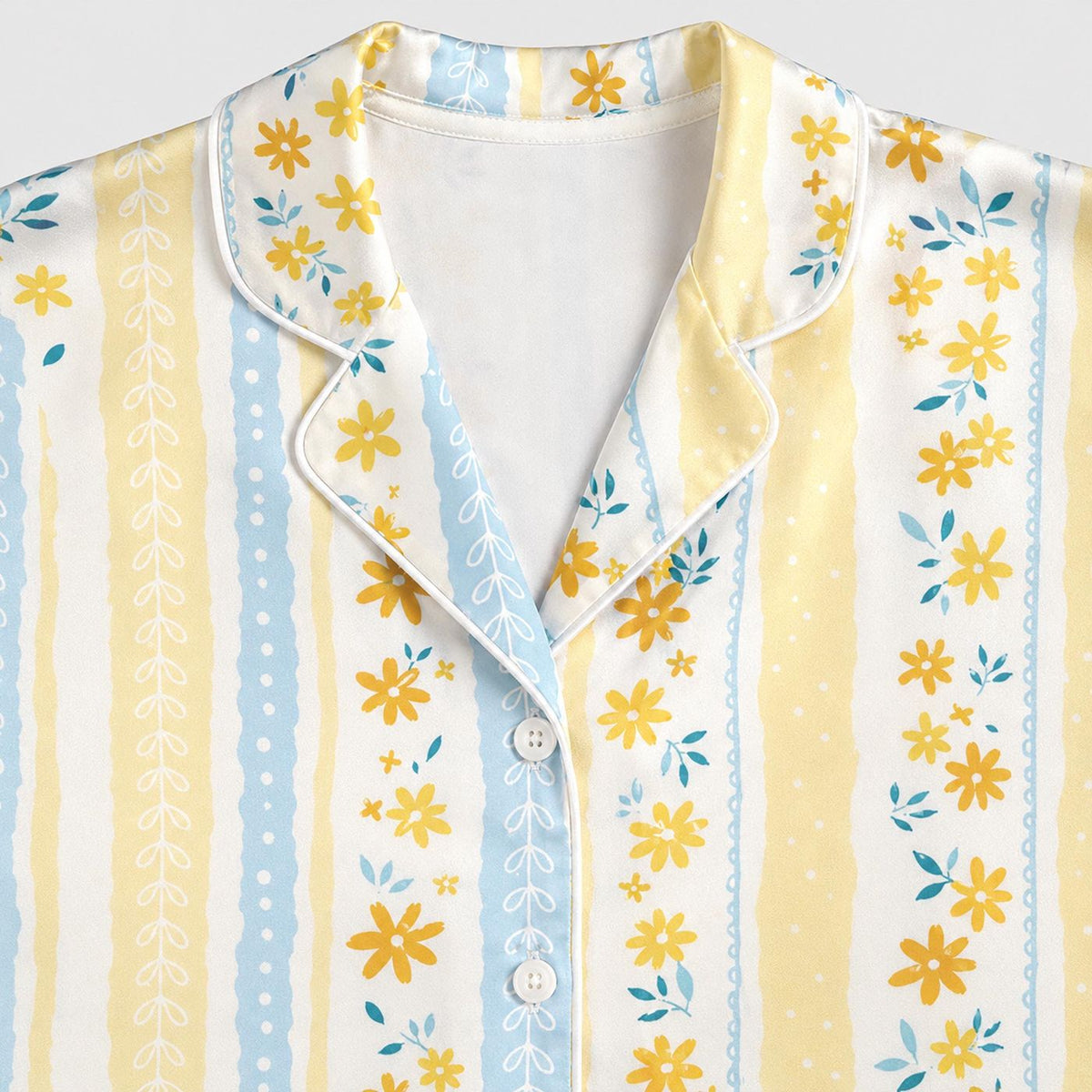 Summer Floral Stripe Satin Pajamas: Light Blue Yellow Sleepwear