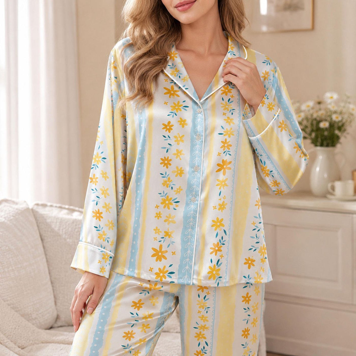 Summer Floral Stripe Satin Pajamas: Light Blue Yellow Sleepwear