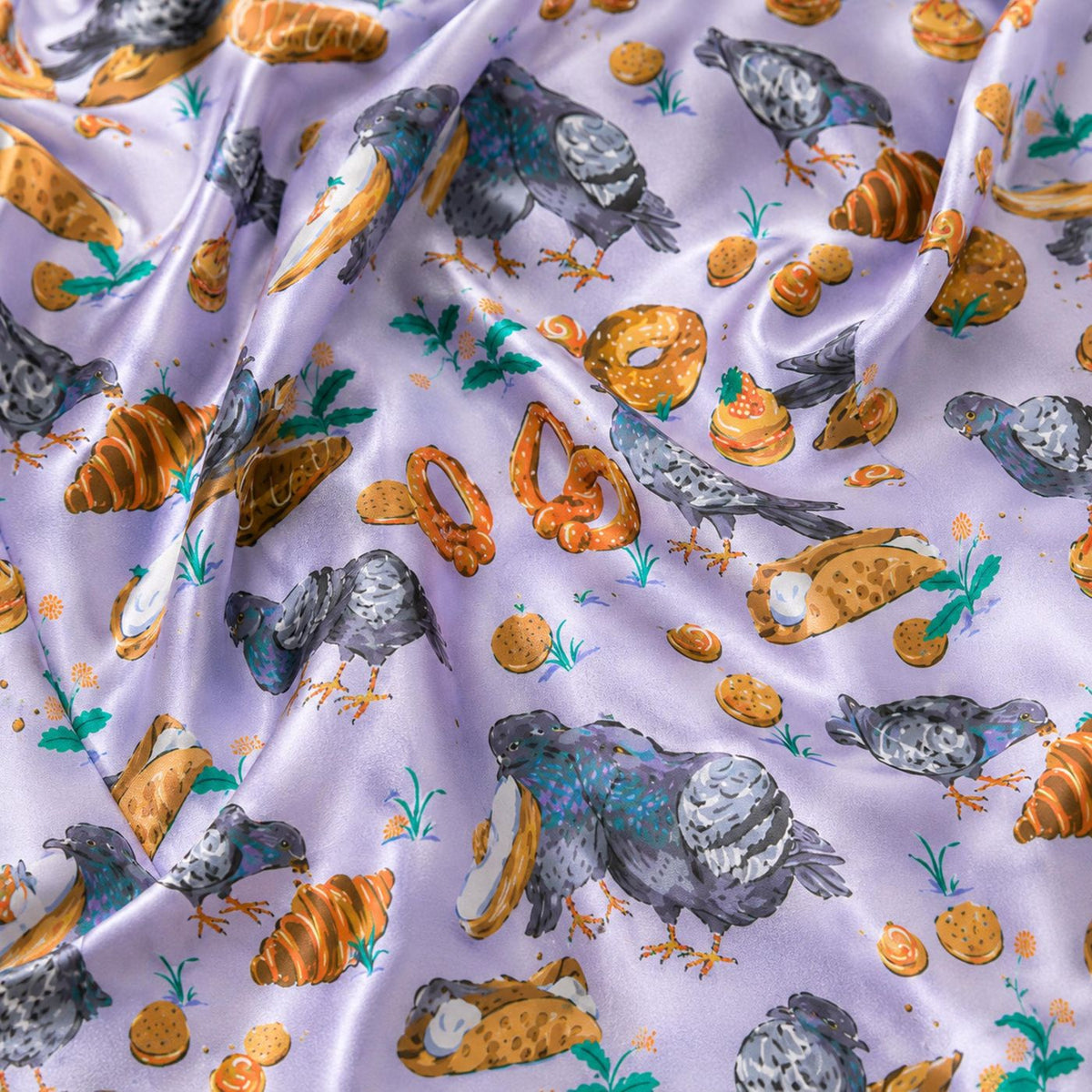 Lilac Pigeon Satin Pajama Set: Bakery Bird Print Sleepwear