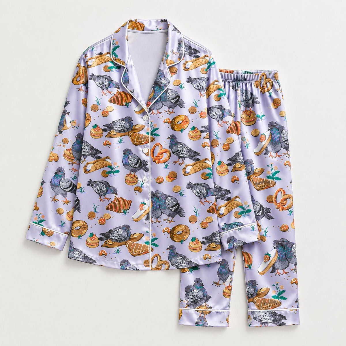 Lilac Pigeon Satin Pajama Set: Bakery Bird Print Sleepwear