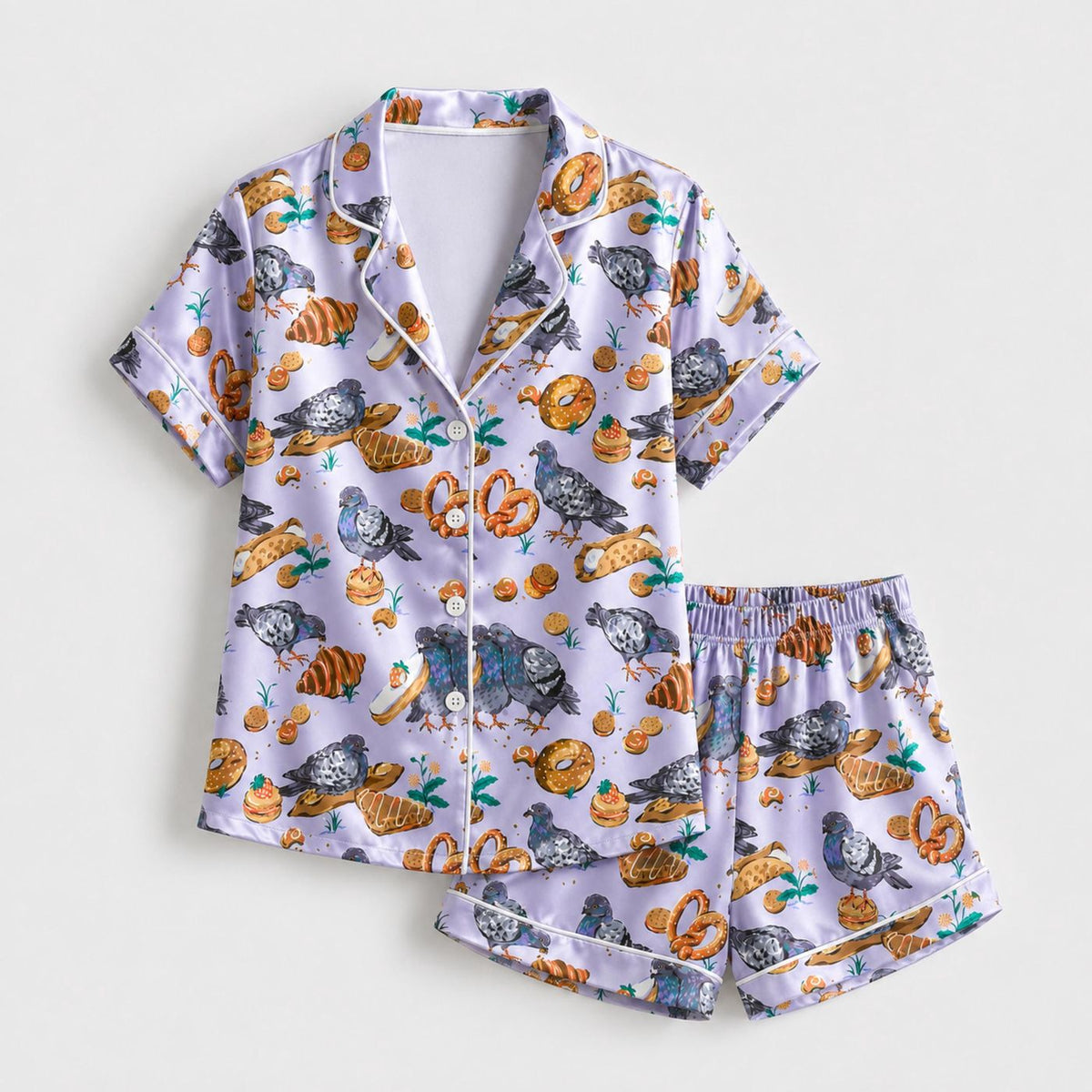 Lilac Pigeon Satin Pajama Set with Bakery Bird Print Sleepwear for Women