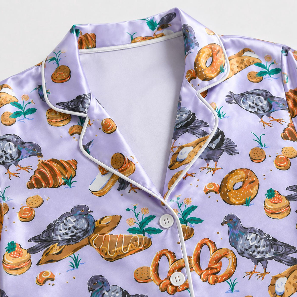 Lilac Pigeon Satin Pajama Set: Bakery Bird Print Sleepwear