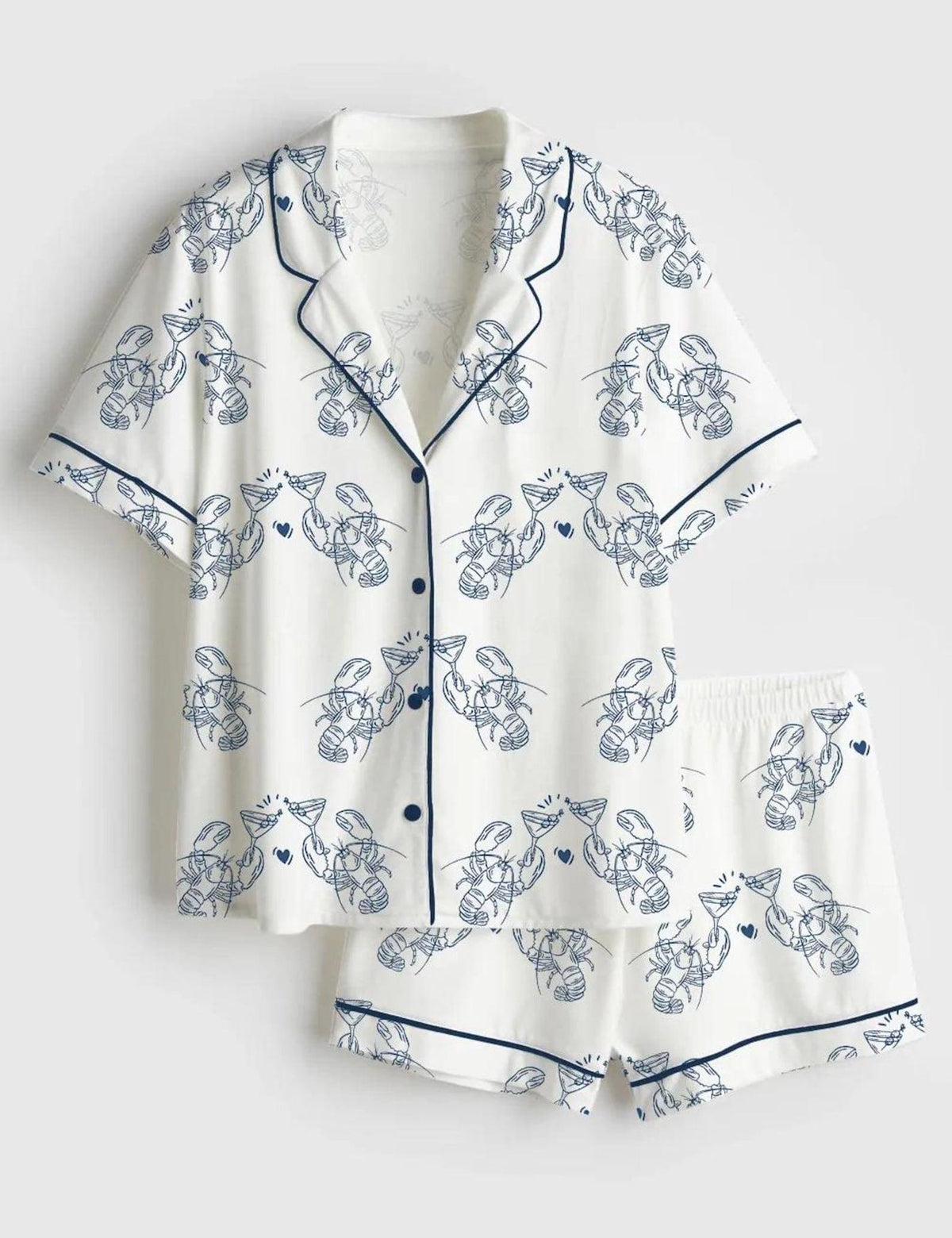 Lobster Cocktail Satin Pajama Set Women Coastal Nautical Sleepwear Gift