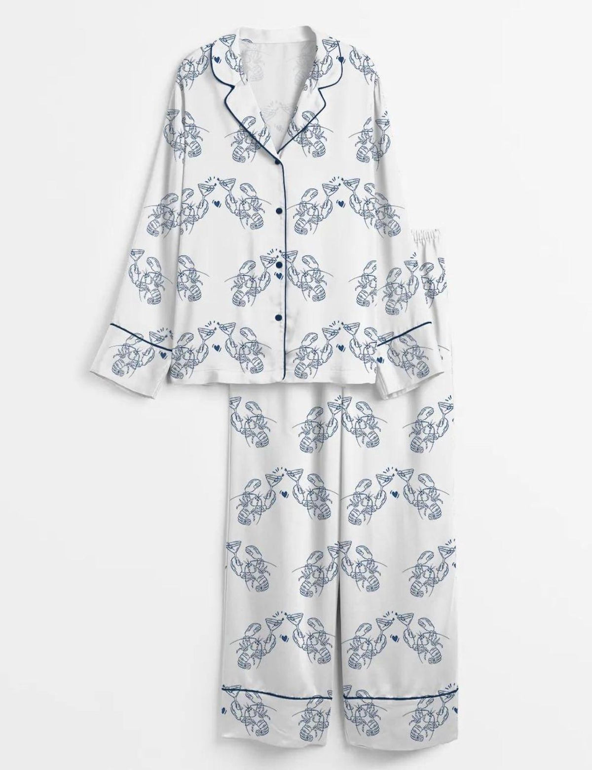 Lobster Cocktail Satin Pajama Set Women Coastal Nautical Sleepwear Gift