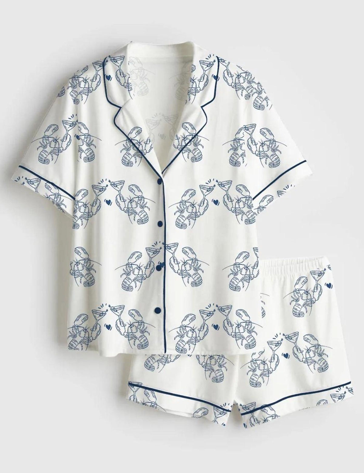 Lobster Cocktail Satin Pajama Set Women Coastal Nautical Sleepwear Gift